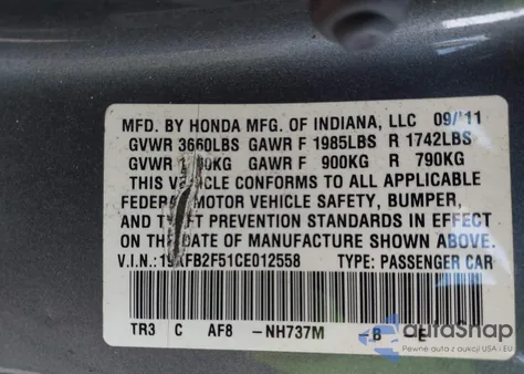 2012 Honda Civic Lx z USA, uszkodzony, nr VIN 19XFB2F51CE012558